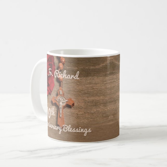 Priest 10th Ordination Anniversary Rose and Rosary Coffee Mug (Front Left)