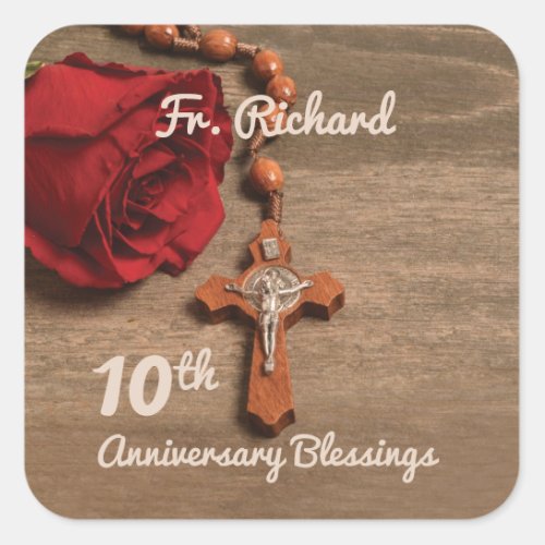 Priest 10th Ordination Anniversary Rose and Rosary Square Sticker