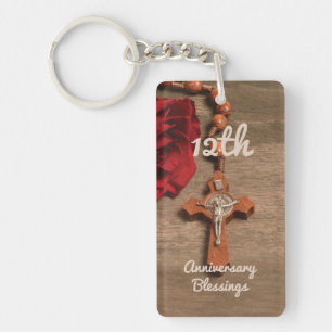 Priest 12th Ordination Anniversary Rose and Rosary Keychain