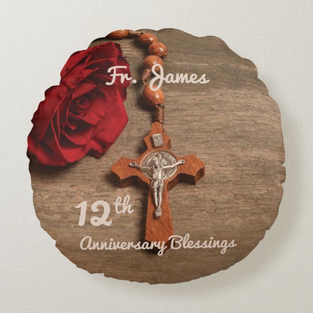 Priest 12th Ordination Anniversary Rose and Rosary Round Pillow (Front)