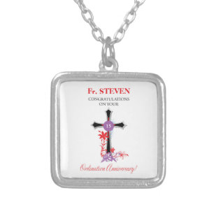 Priest 15th Ordination Anniversary Black Cross Silver Plated Necklace