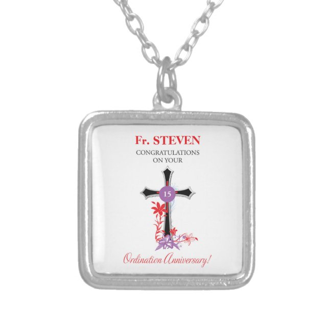 Priest 15th Ordination Anniversary Black Cross Silver Plated Necklace (Front)