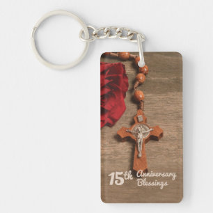 Priest 15th Ordination Anniversary Rose and Rosary Keychain