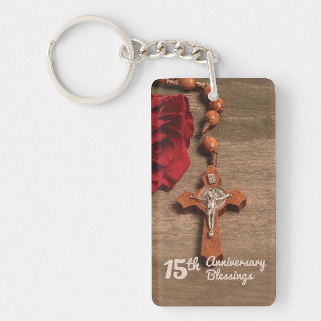 Priest 15th Ordination Anniversary Rose and Rosary Keychain (Front)