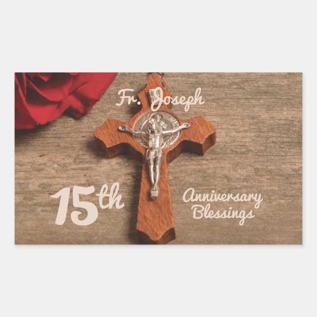 Priest 15th Ordination Anniversary Rose and Rosary Rectangular Sticker (Front)