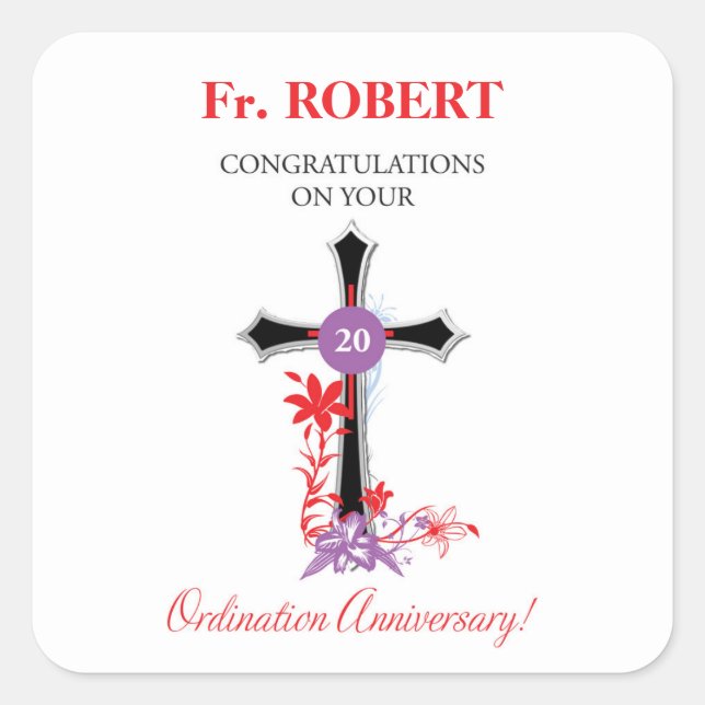 Priest 20th Ordination Anniversary Black Cross Square Sticker (Front)