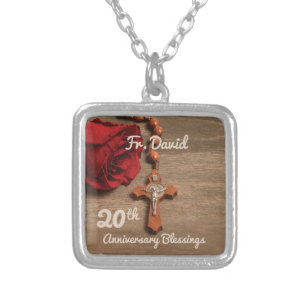Priest 20th Ordination Anniversary Rose and Rosary Silver Plated Necklace