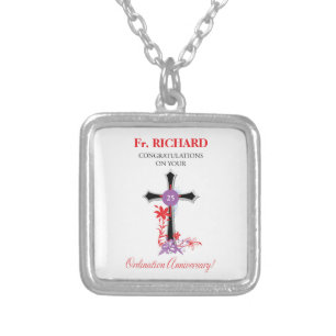 Priest 25th Ordination Anniversary Black Cross Silver Plated Necklace