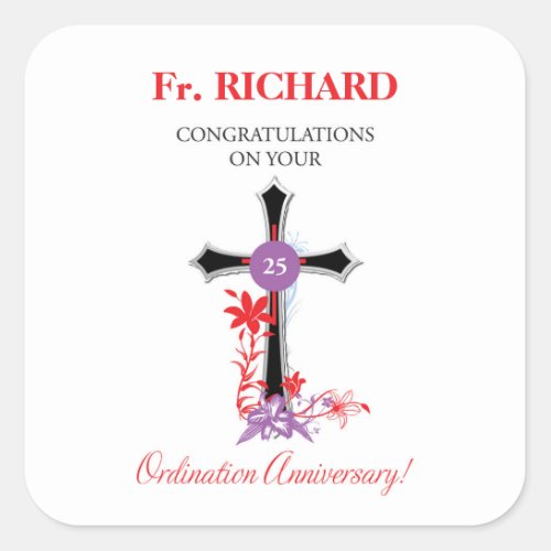 Priest 25th Ordination Anniversary Black Cross Square Sticker