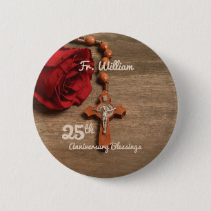 Priest 25th Ordination Anniversary Rose and Rosary Button
