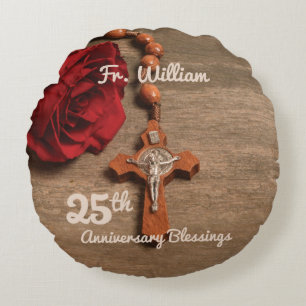 Priest 25th Ordination Anniversary Rose and Rosary Round Pillow