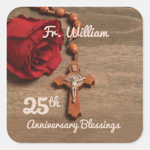 Priest 25th Ordination Anniversary Rose and Rosary Square Sticker