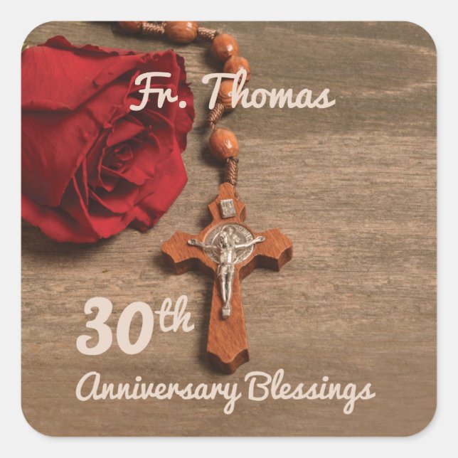 Priest 30th Ordination Anniversary Rose and Rosary Square Sticker (Front)