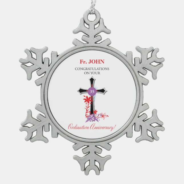 Priest 35th Ordination Anniversary Black Cross Snowflake Pewter Christmas Ornament (Front)