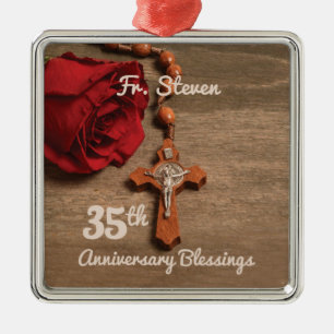 Priest 35th Ordination Anniversary Rose and Rosary Metal Ornament