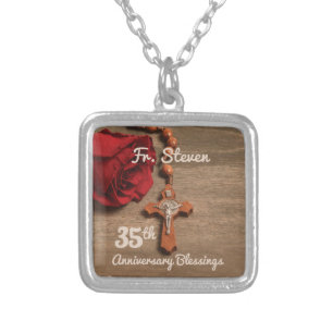 Priest 35th Ordination Anniversary Rose and Rosary Silver Plated Necklace
