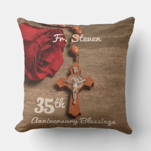 Priest 35th Ordination Anniversary Rose and Rosary Throw Pillow