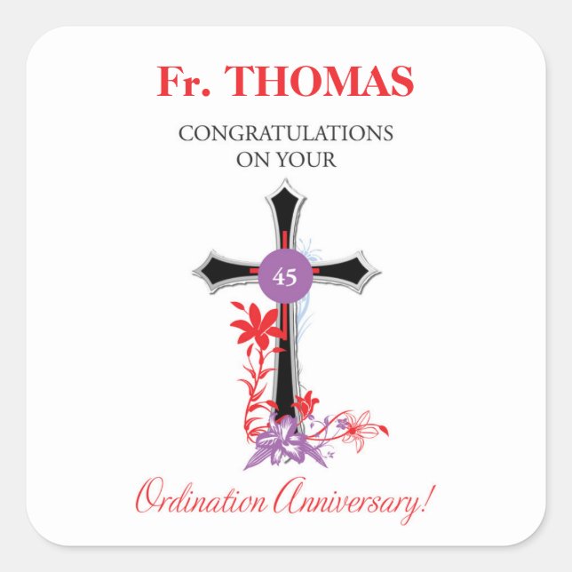 Priest 45th Ordination Anniversary Black Cross Square Sticker (Front)