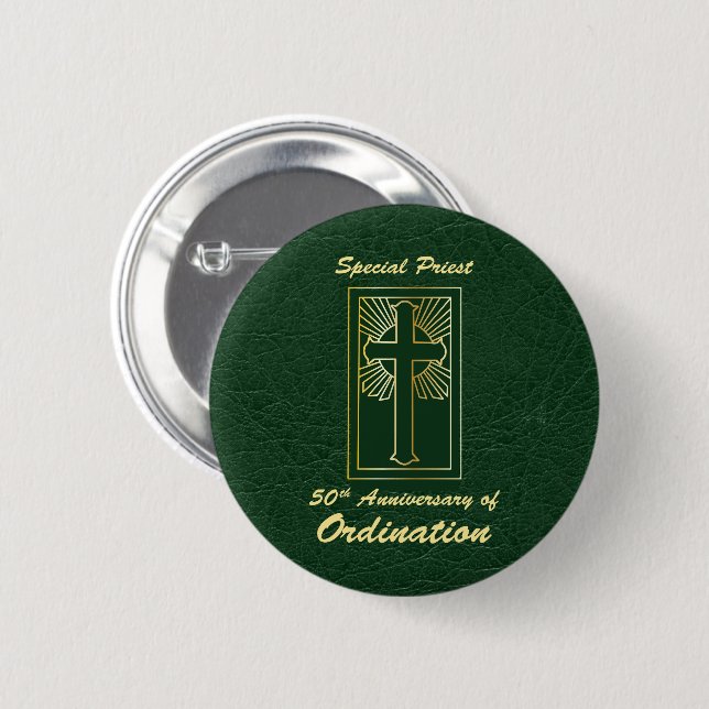 Priest 50th Anniversary of Ordination Leather Look Button (Front & Back)