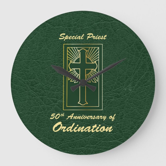 Priest 50th Anniversary of Ordination Leather Look Large Clock (Front)