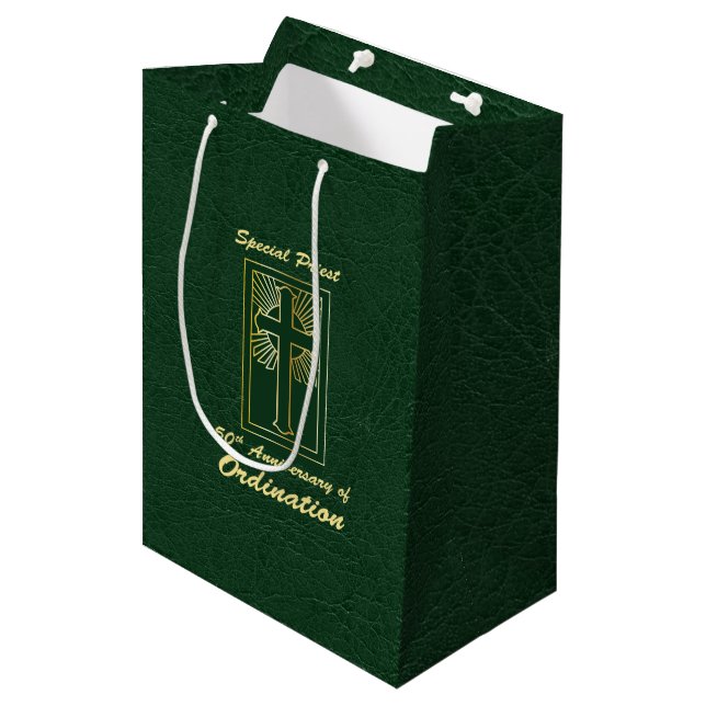 Priest 50th Anniversary of Ordination Leather Look Medium Gift Bag (Front Angled)