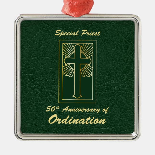 Priest 50th Anniversary of Ordination Leather Look Metal Ornament (Front)