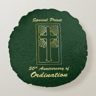 Priest 50th Anniversary of Ordination Leather Look Round Pillow