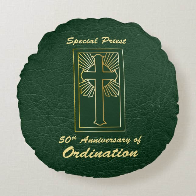 Priest 50th Anniversary of Ordination Leather Look Round Pillow (Front)