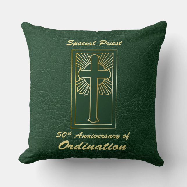 Priest 50th Anniversary of Ordination Leather Look Throw Pillow (Front)