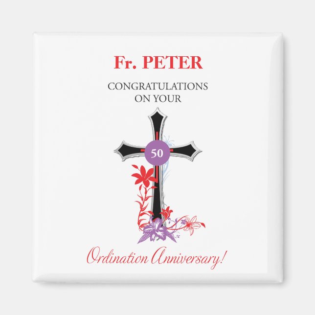 Priest 50th Ordination Anniversary Black Cross Magnet (Front)