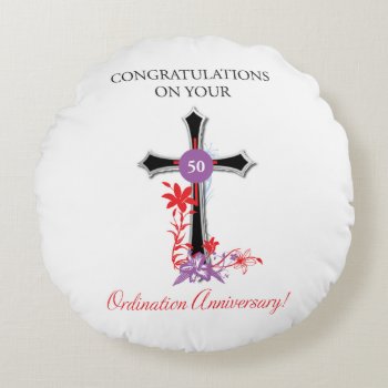 Priest 50th Ordination Anniversary Black Cross Round Pillow by Religious_SandraRose at Zazzle