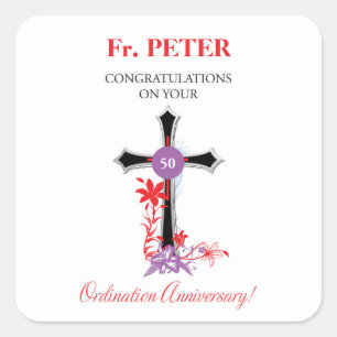 Priest 50th Ordination Anniversary Black Cross Square Sticker