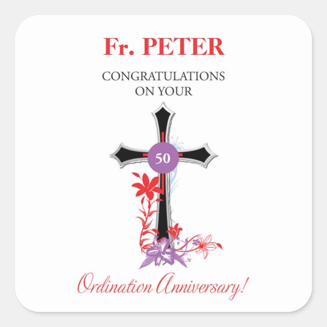 Priest 50th Ordination Anniversary Black Cross Square Sticker (Front)