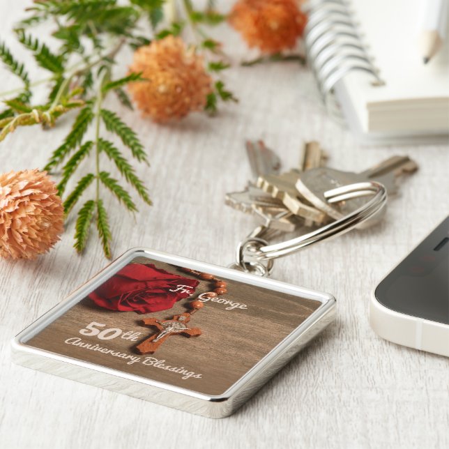 Priest 50th Ordination Anniversary Rose and Rosary Keychain (Side)