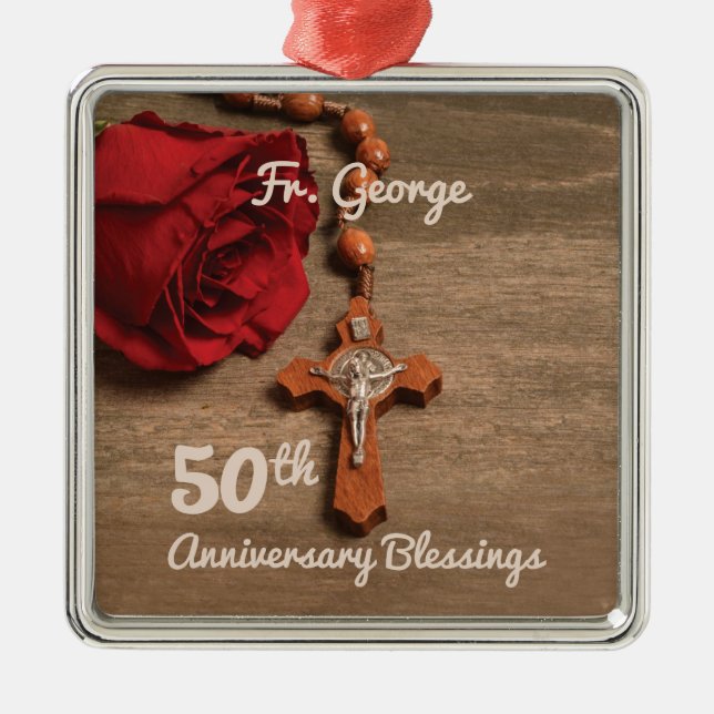 Priest 50th Ordination Anniversary Rose and Rosary Metal Ornament (Front)