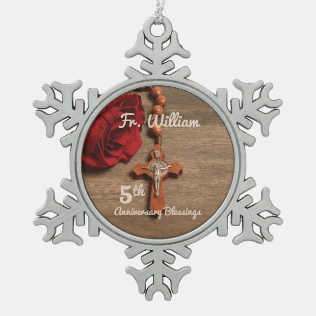 Priest 5th Ordination Anniversary Rose and Rosary Snowflake Pewter Christmas Ornament (Front)