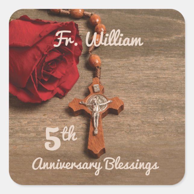 Priest 5th Ordination Anniversary Rose and Rosary Square Sticker (Front)