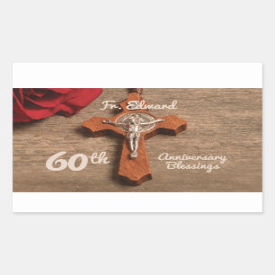Priest 60th Ordination Anniversary Rose and Rosary Rectangular Sticker