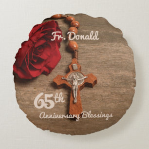 Priest 65th Ordination Anniversary Rose and Rosary Round Pillow
