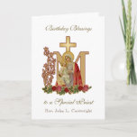 Priest Birthday Blessings Celebration Virgin Mary Card<br><div class="desc">This is a beautiful traditional Catholic customized image of the Blessed Virgin Mary with the Child Jesus on a gold  Marian Cross with red and pink roses.. All text and fonts may be modified to suit the occasion and recipient.</div>