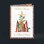 Priest Birthday Celebration Virgin Mary Jesus Card<br><div class="desc">This is a beautiful traditional Catholic customized image of the Blessed Virgin Mary with Jesus overlaid on a Marian Cross with a colorful border.  Inside is the same image with the holy rosary. All text and fonts may be modified to suit the occasion and recipient.</div>