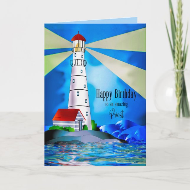 Priest Birthday Lighthouse Beacon Light for Sea Card (Front)