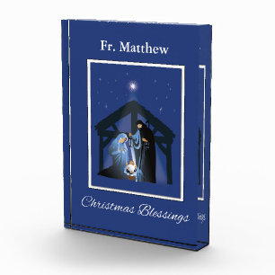 Priest Christmas Blessings, Nativity Scene on Blue Acrylic Award