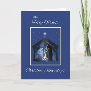Priest Christmas Blessings, Nativity Scene on Blue Holiday Card