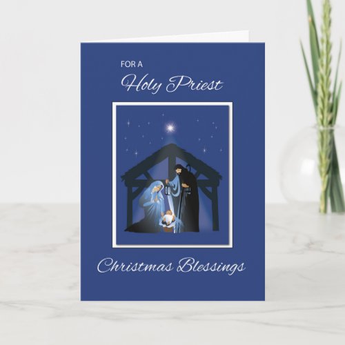Priest Christmas Blessings Nativity Scene on Blue Holiday Card