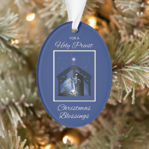 Priest Christmas Blessings, Nativity Scene on Blue Ornament