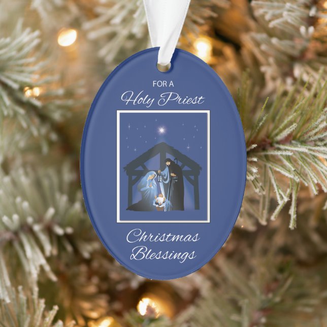 Priest Christmas Blessings, Nativity Scene on Blue Ornament (Tree)