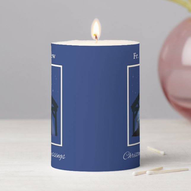 Priest Christmas Blessings, Nativity Scene on Blue Pillar Candle (In Situ)
