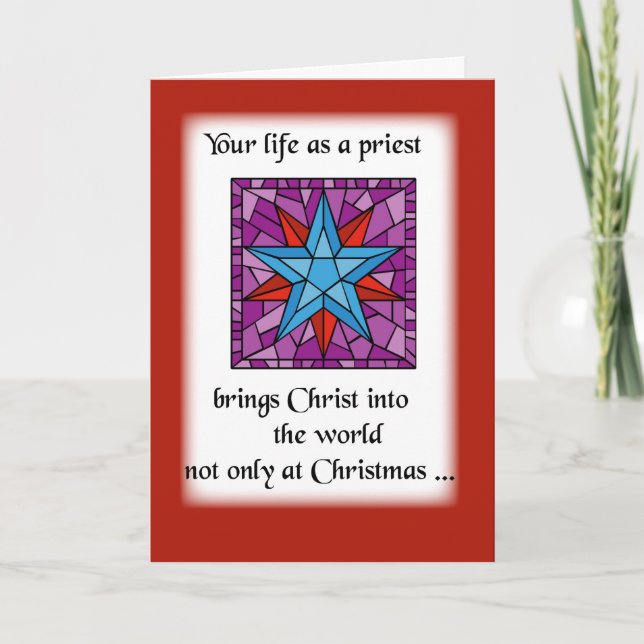 Priest Christmas Star Blue on Red Background Holiday Card (Front)