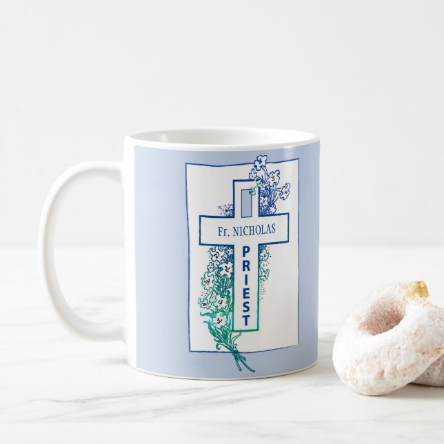 Priest Cross Flowers Personalized Coffee Mug (With Donut)